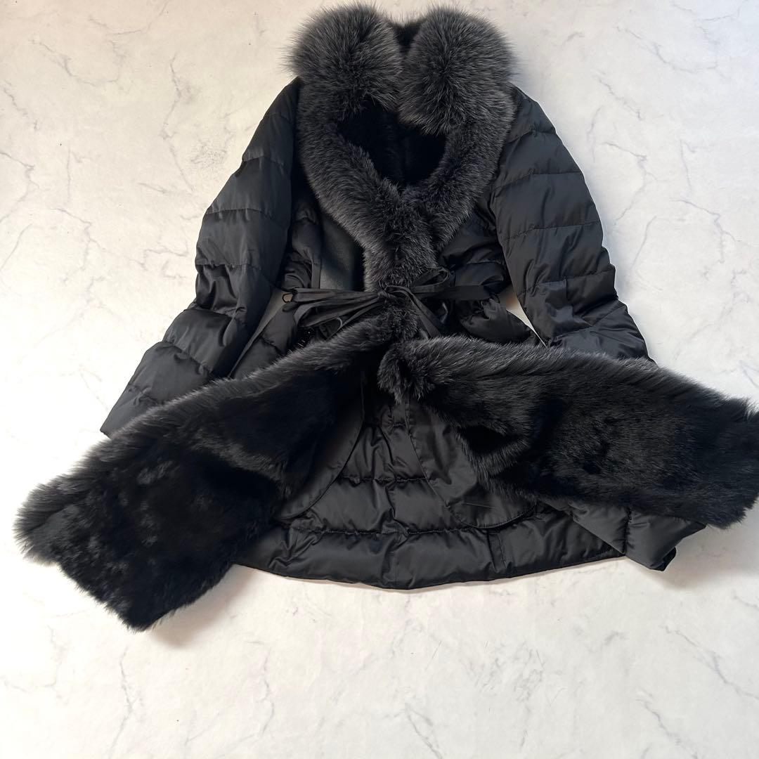 豪華ブルーフォックスファー×ラビット レザー切替 変形ロングダウンコート L