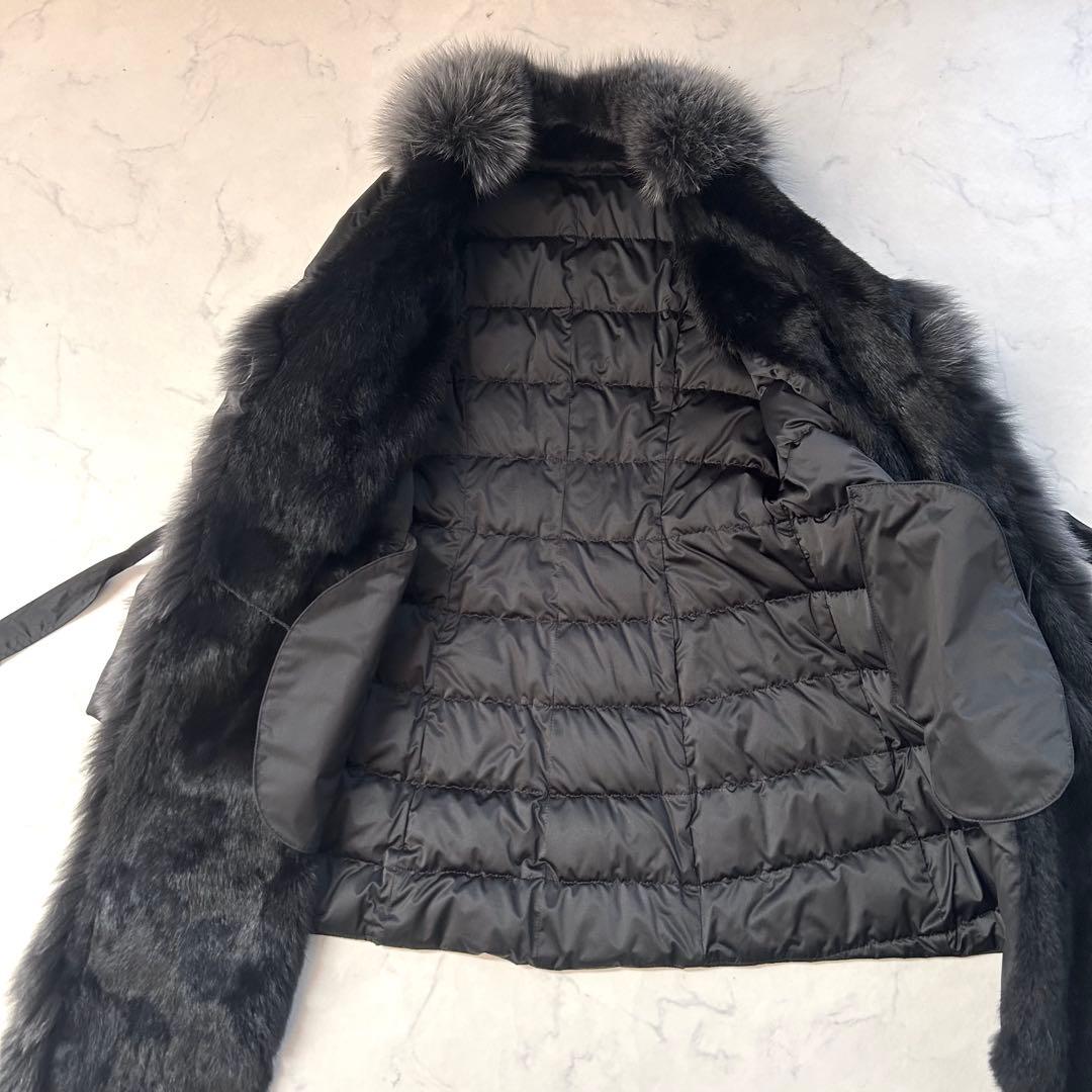 豪華ブルーフォックスファー×ラビット レザー切替 変形ロングダウンコート L