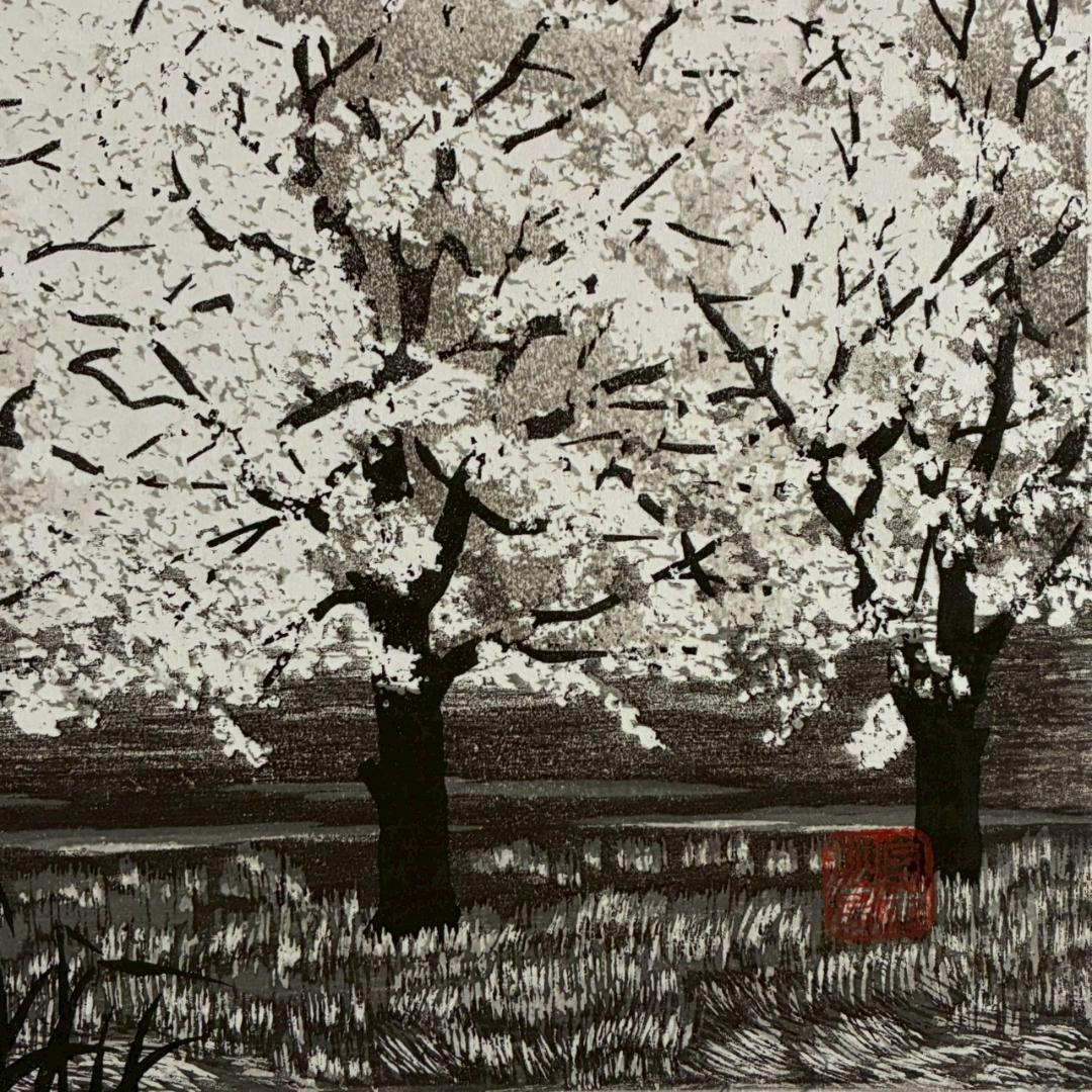 美品 宮本秋風「春の宵」木版画 直筆サイン・落款・エンボス印有 人気木版画家