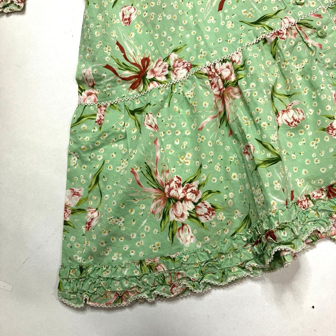 【美品】ピンクハウス ミントグリーン チューリップブーケ柄 チュニックブラウス