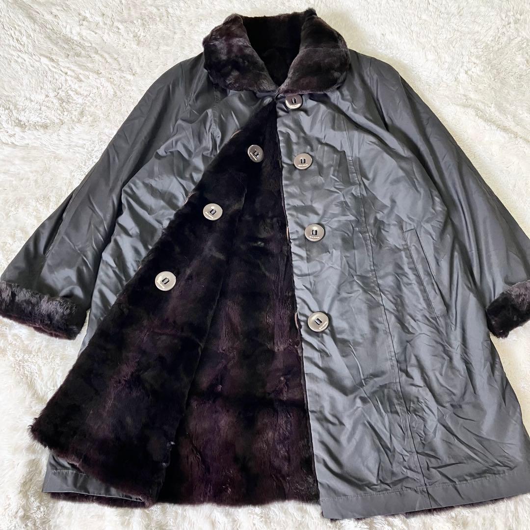 バルマン　シェアードミンク　リバーシブル　ロングコート　毛皮　ブラック　シルク