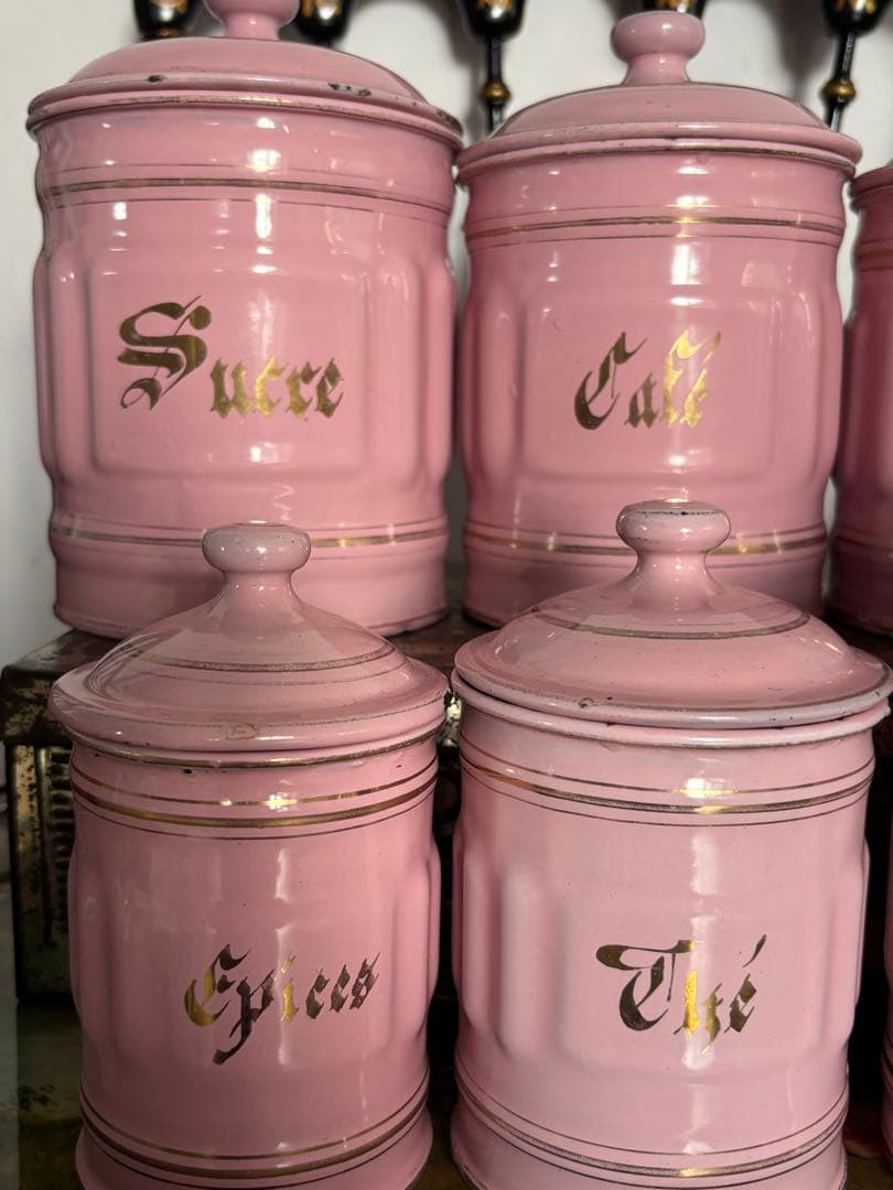 ピンク ホーロー キャニスター 6個セット フランスヴィンテージ