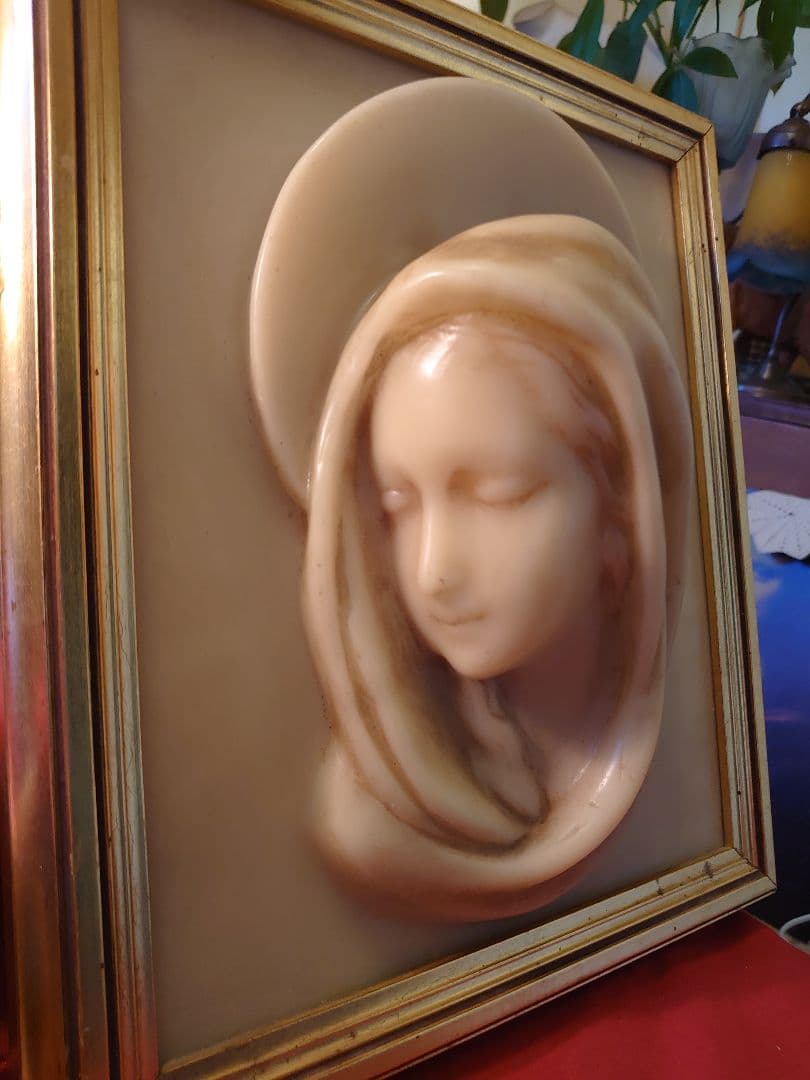 フランス アンティーク ワックス 蝋「マリア様」木製額ゴールドフレーム