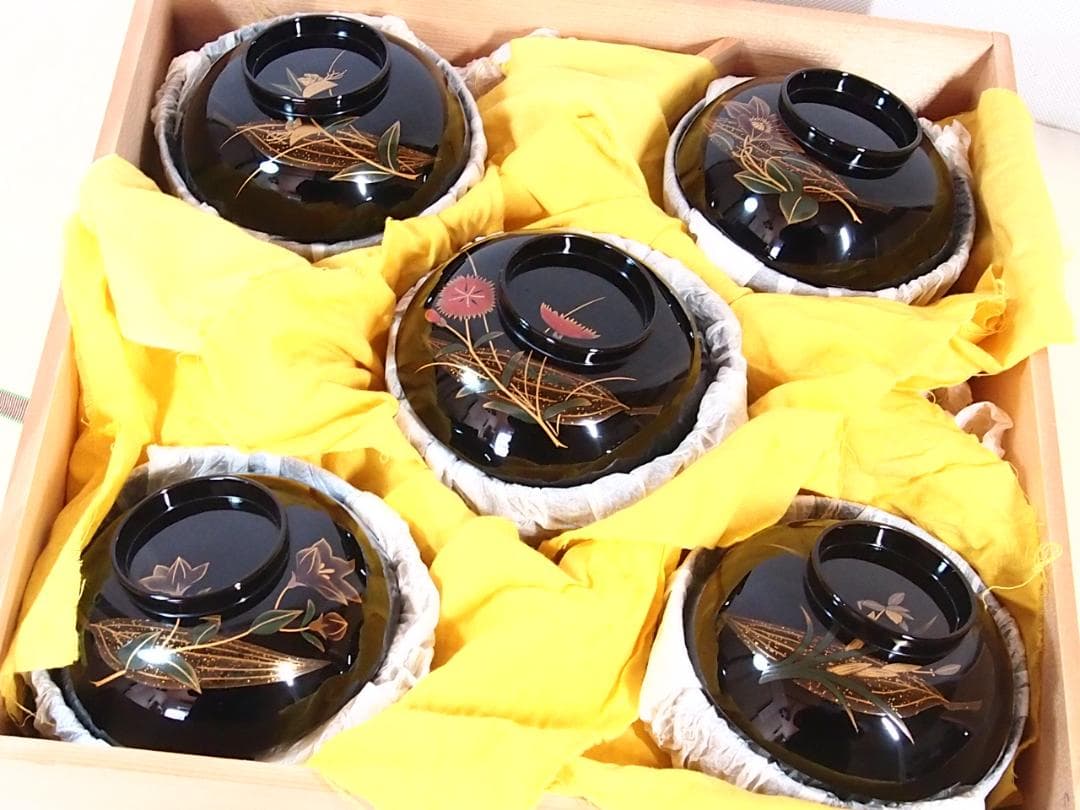 【美品】輪島塗 五島屋謹製 絵変わり草花蒔絵 煮物椀5客 雑煮椀/大椀 漆器食器