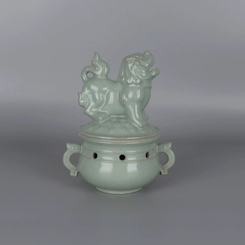 宋汝窯開片釉獅子蓋薫香炉 景徳鎮 陶磁器 装飾品 現代工芸品 美術品 置物