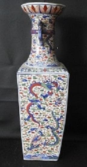 ＊中国古美術/五彩纏枝賢人龍紋隻耳四方大瓶（款：大明萬歴年製）