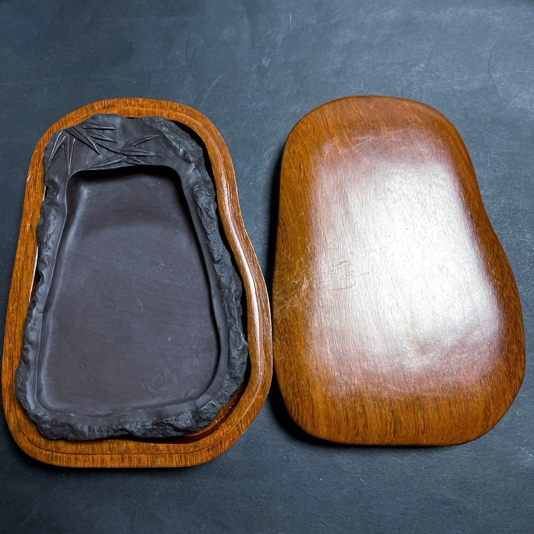 木箱入り硯　竹彫刻