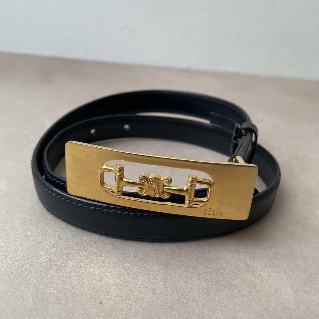 セリーヌ CELINE レザー ベルト トリオンフ金具 プレート ネイビー 65