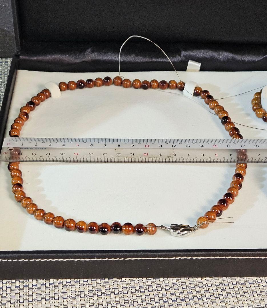 タイガーアイ　ネックレス　ブレスレット×2　3点セット　ケース入り　虎目石