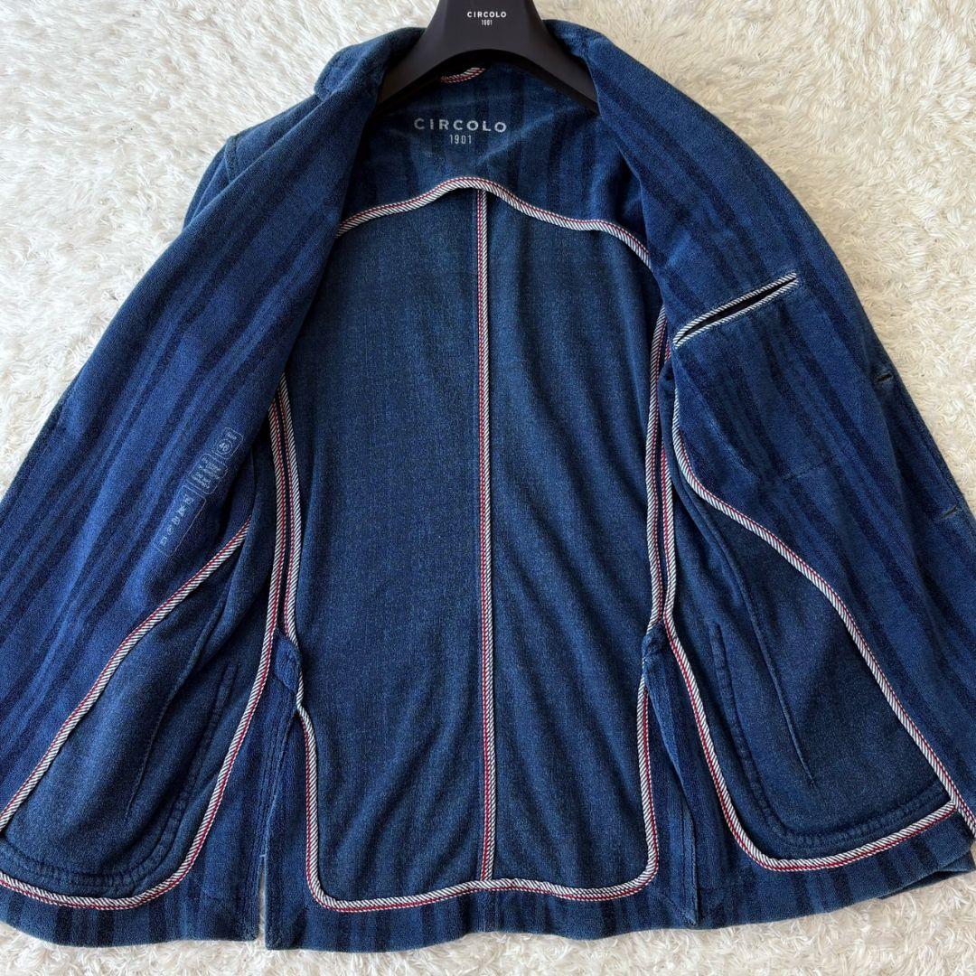 チルコロ テーラードジャケット ストライプ パイル ブルー M ロゴボタン 伸縮