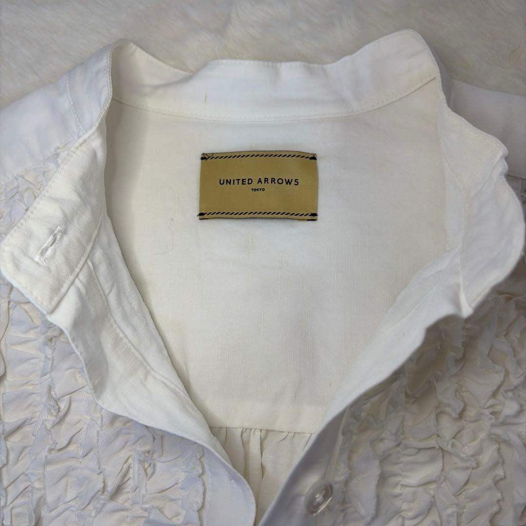 ユナイテッドアローズ シルクリネンコットン混フリル スタンドカラー シャツ 白