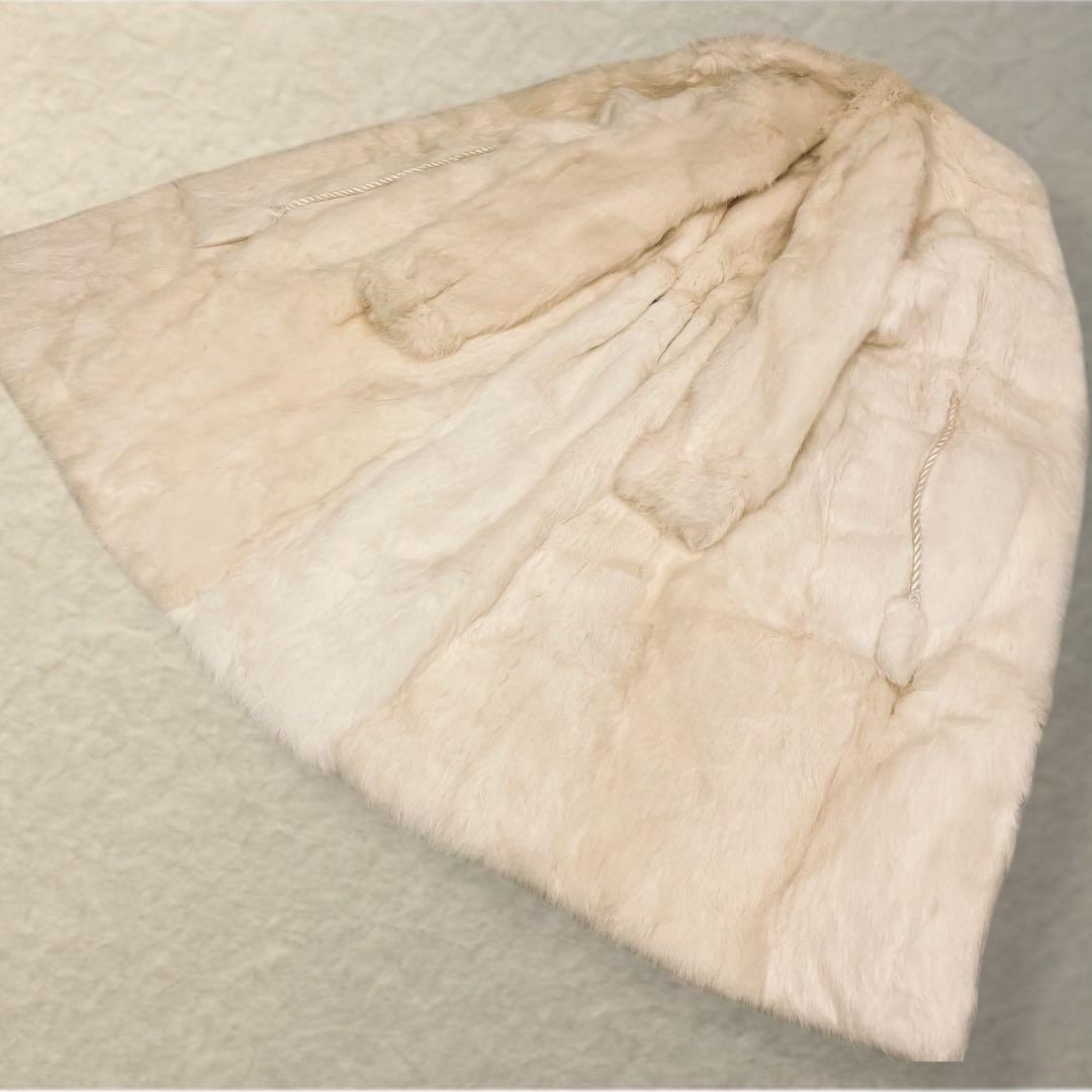 リアルファー ラビット ロングコート 着丈115cm ウエストマーク ホワイト系