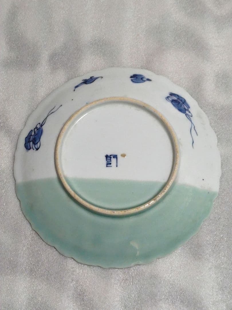 古伊万里　青磁　染付　風景皿　中皿　骨董　輪花形
