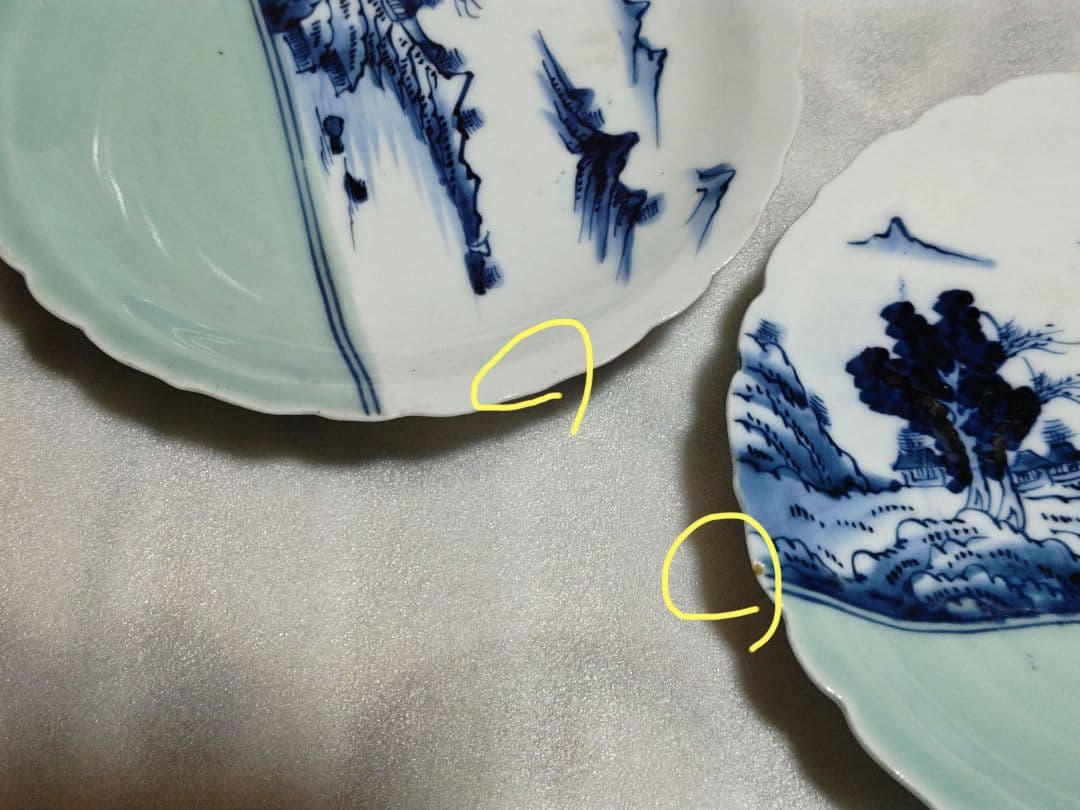 古伊万里　青磁　染付　風景皿　中皿　骨董　輪花形