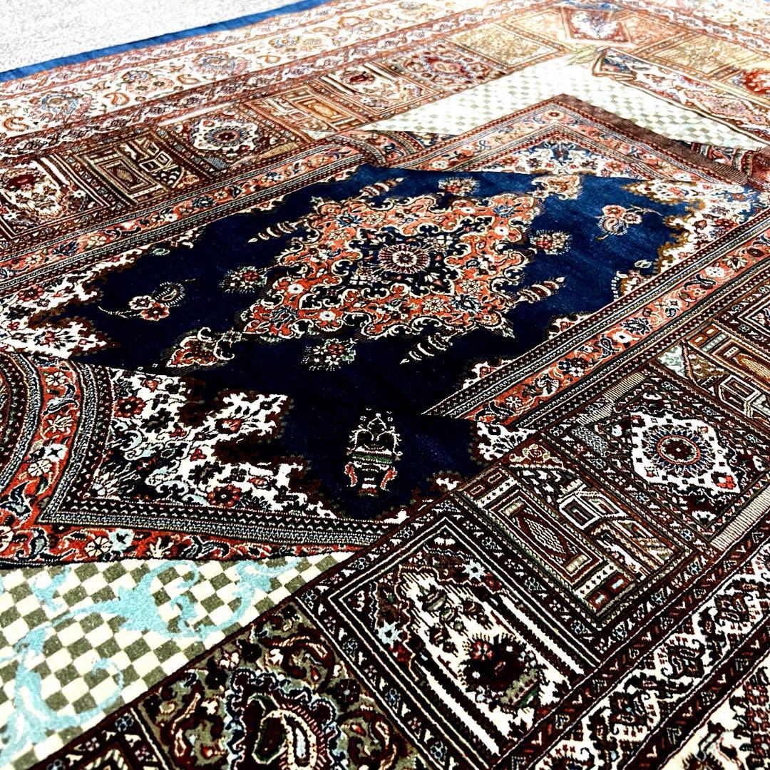【ペルシャ絨毯】最高級 ジャムシディ クム産 シルク 本物 手織り 高密度 青色