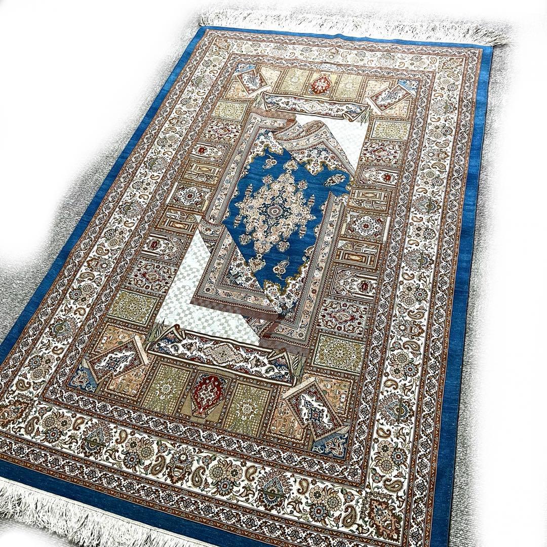 【ペルシャ絨毯】最高級 ジャムシディ クム産 シルク 本物 手織り 高密度 青色