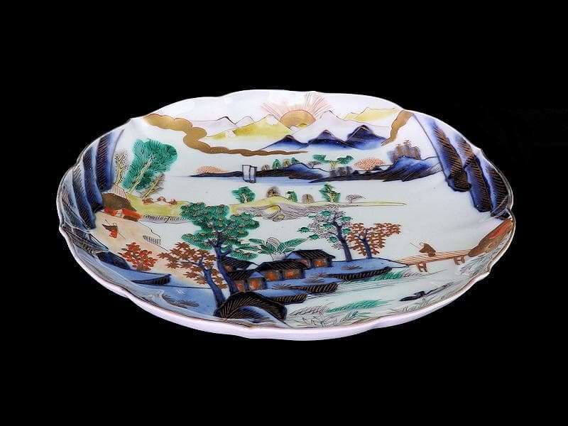 古伊万里　色絵　朝日に山水の図　7寸半皿　B295A-CQc