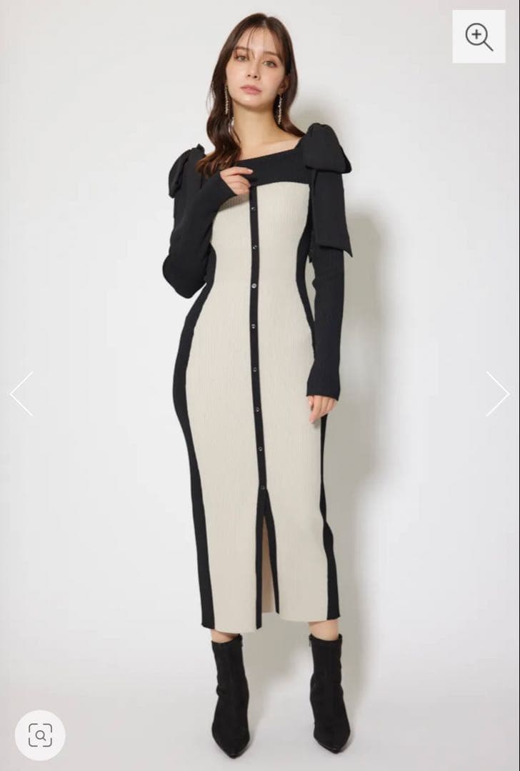 riendaリエンダ　バイカラーオフショルリボンニットワンピース