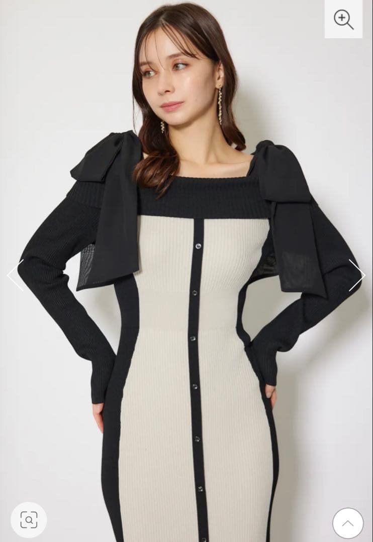 riendaリエンダ　バイカラーオフショルリボンニットワンピース