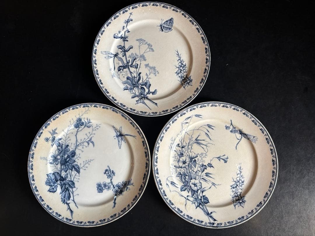 フランスアンティーク青い花柄の皿 3枚セット