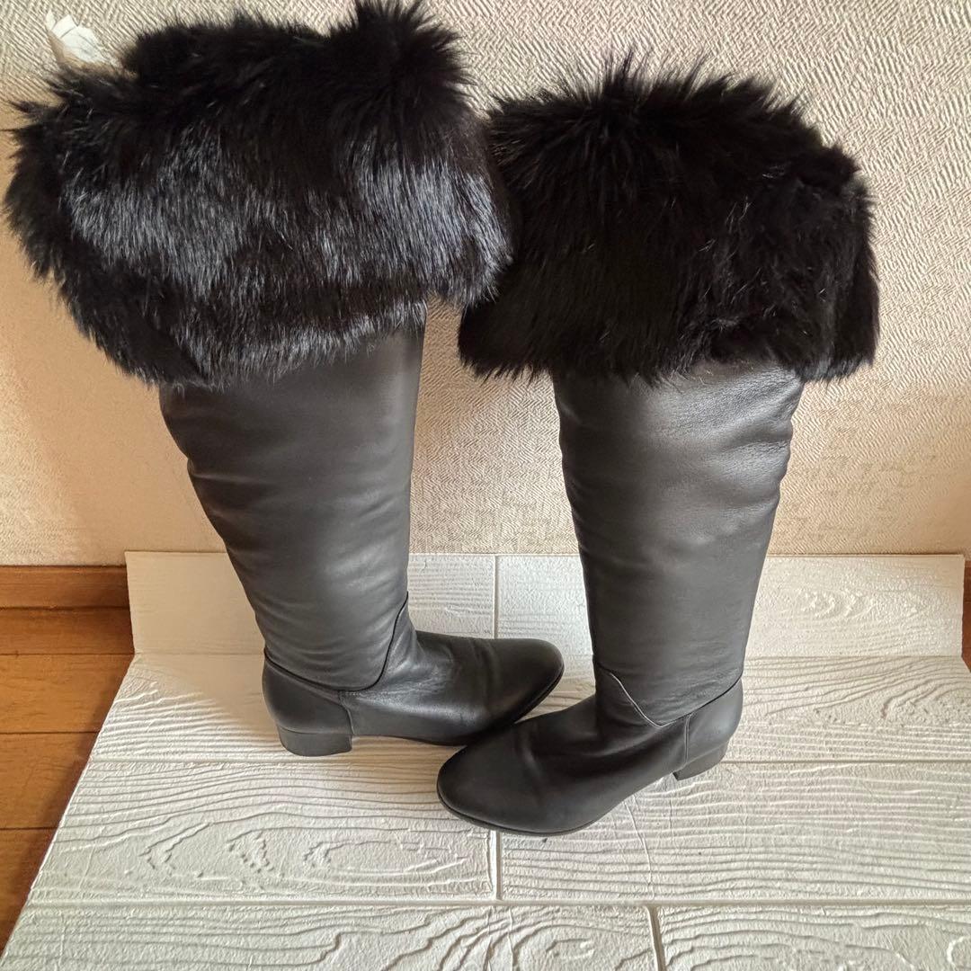 B lounge☆イタリア製ファー付きニーハイレザーブーツ　本革　ポカポカ　極暖