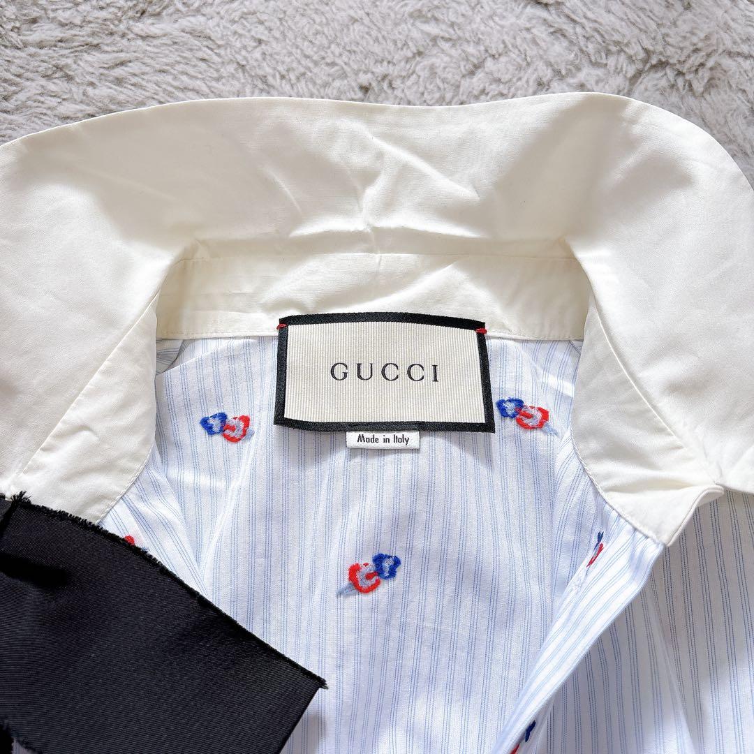 美品✨GUCCI ハート刺繍　リボン　ブラウス　シャツ　ロゴボタン　ストライプ
