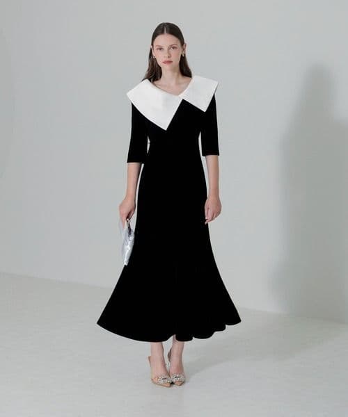 LEJA 配色アシンメトリービッグカラーベロアマーメイドシルエットドレス S