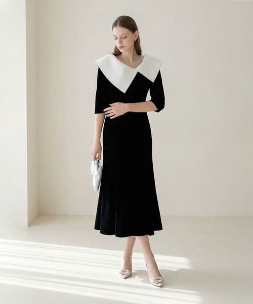 LEJA 配色アシンメトリービッグカラーベロアマーメイドシルエットドレス S