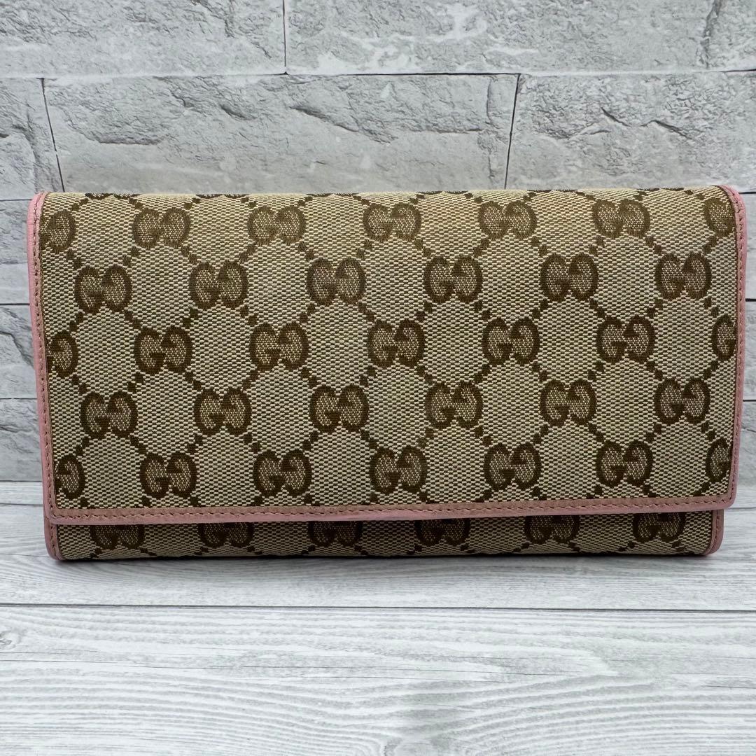 【美品】GUCCI GGキャンバス 長財布 　二つ折り ピンク　レザー