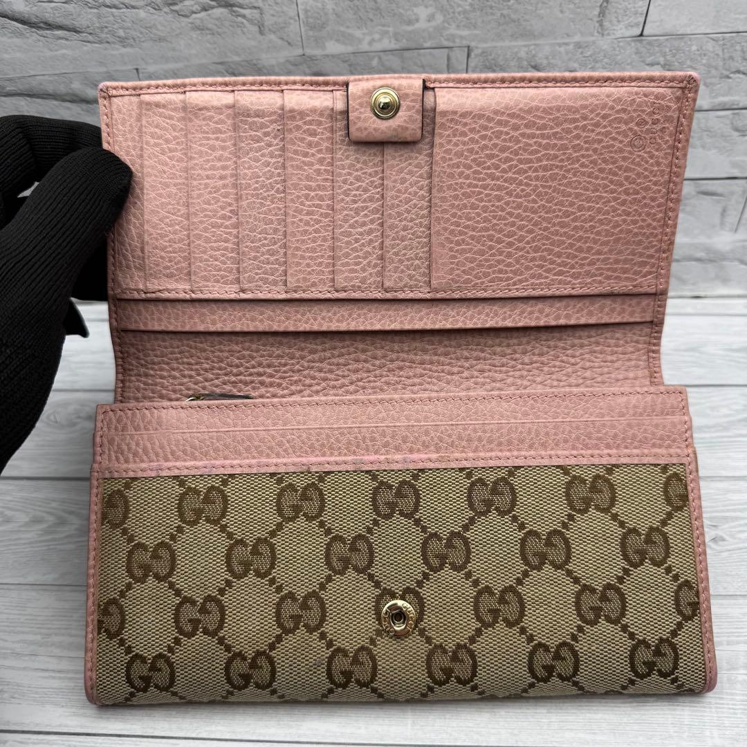 【美品】GUCCI GGキャンバス 長財布 　二つ折り ピンク　レザー