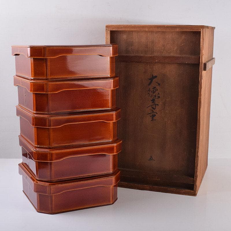 塗師　木村表恵作　木製漆器　大徳寺重　四方五段重箱　共箱　V　R8911H