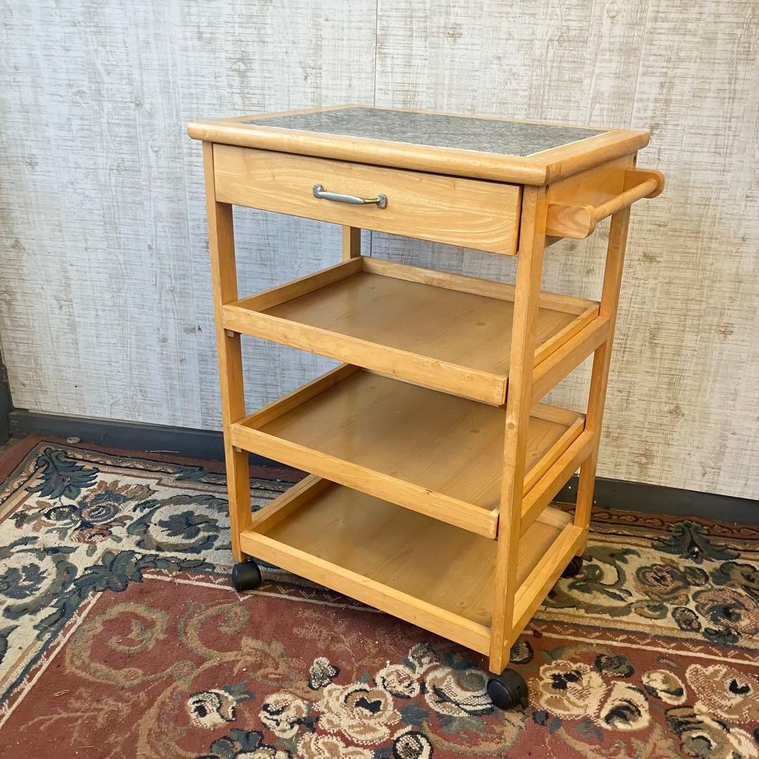 昭和レトロ 大理石天板張り 木製キッチンワゴン キャスター付き キッチンカート