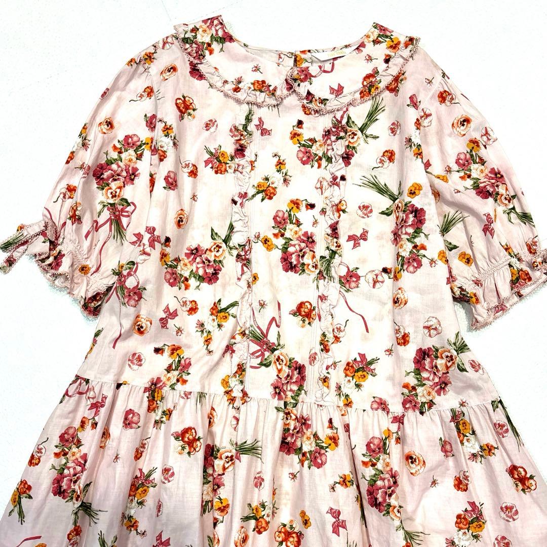 【極美品/近年モデル】ピンクハウス　ロングワンピース　パンジー柄　フリル　リボン