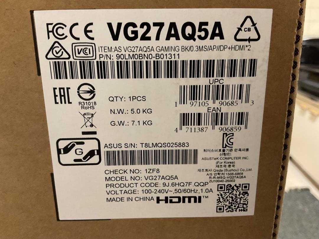 【連休特価】ASUS TUF Gaming VG27AQ5A 27インチ 未使用