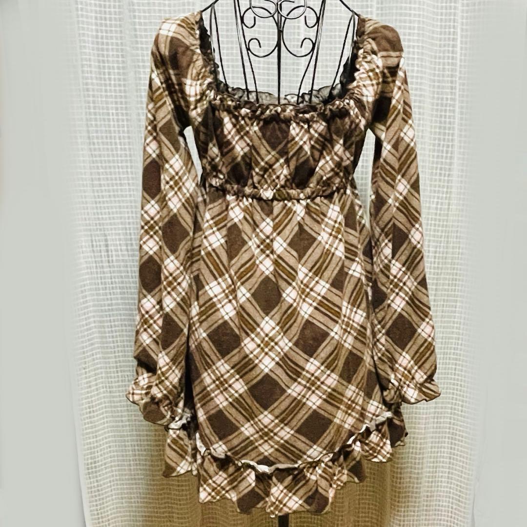 00s 希少　LIZLISA✨（リズリサ）茶色チェック オフショルワンピース