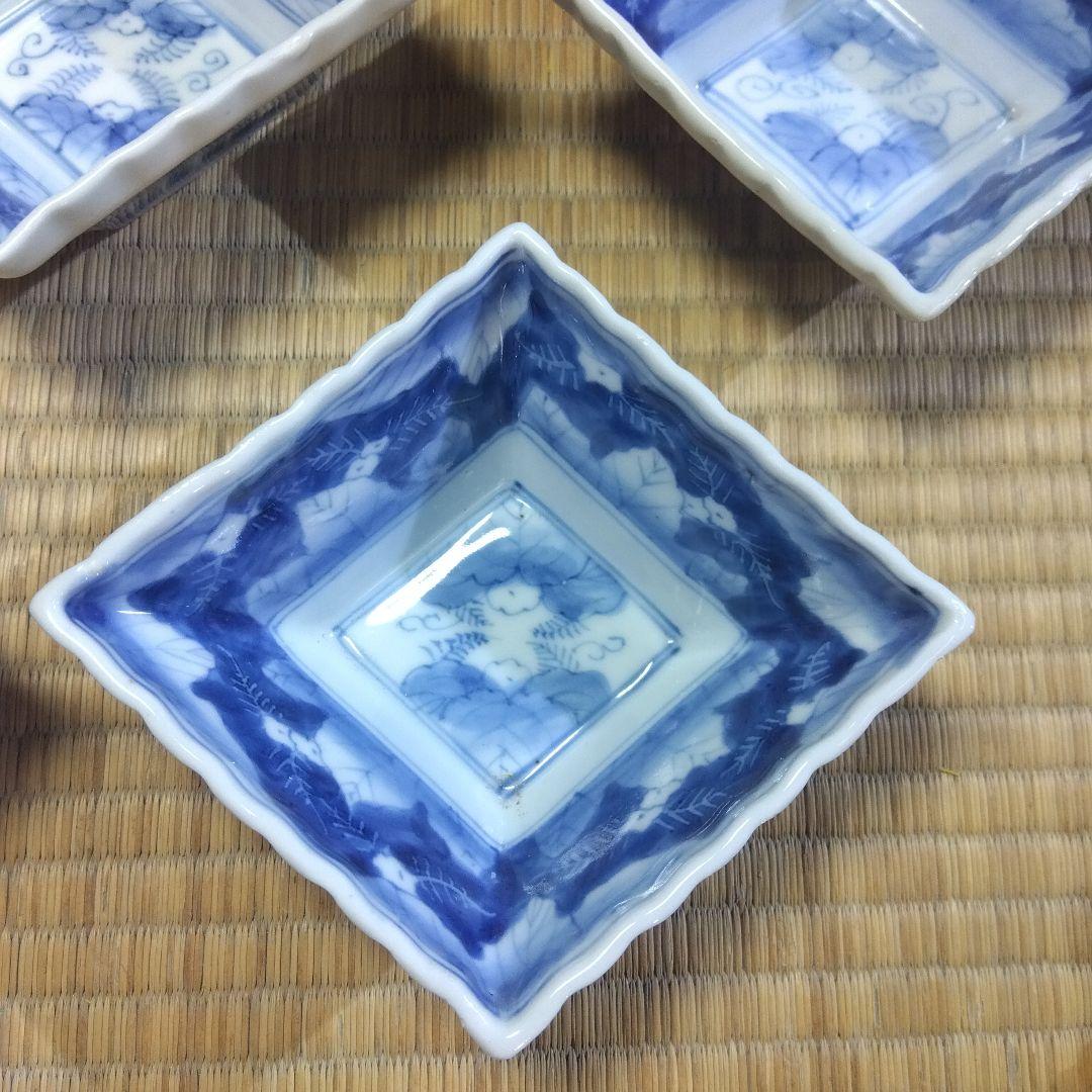 古伊万里　染付輪花菱形向付５客　お店使い　会席　美品　箱入