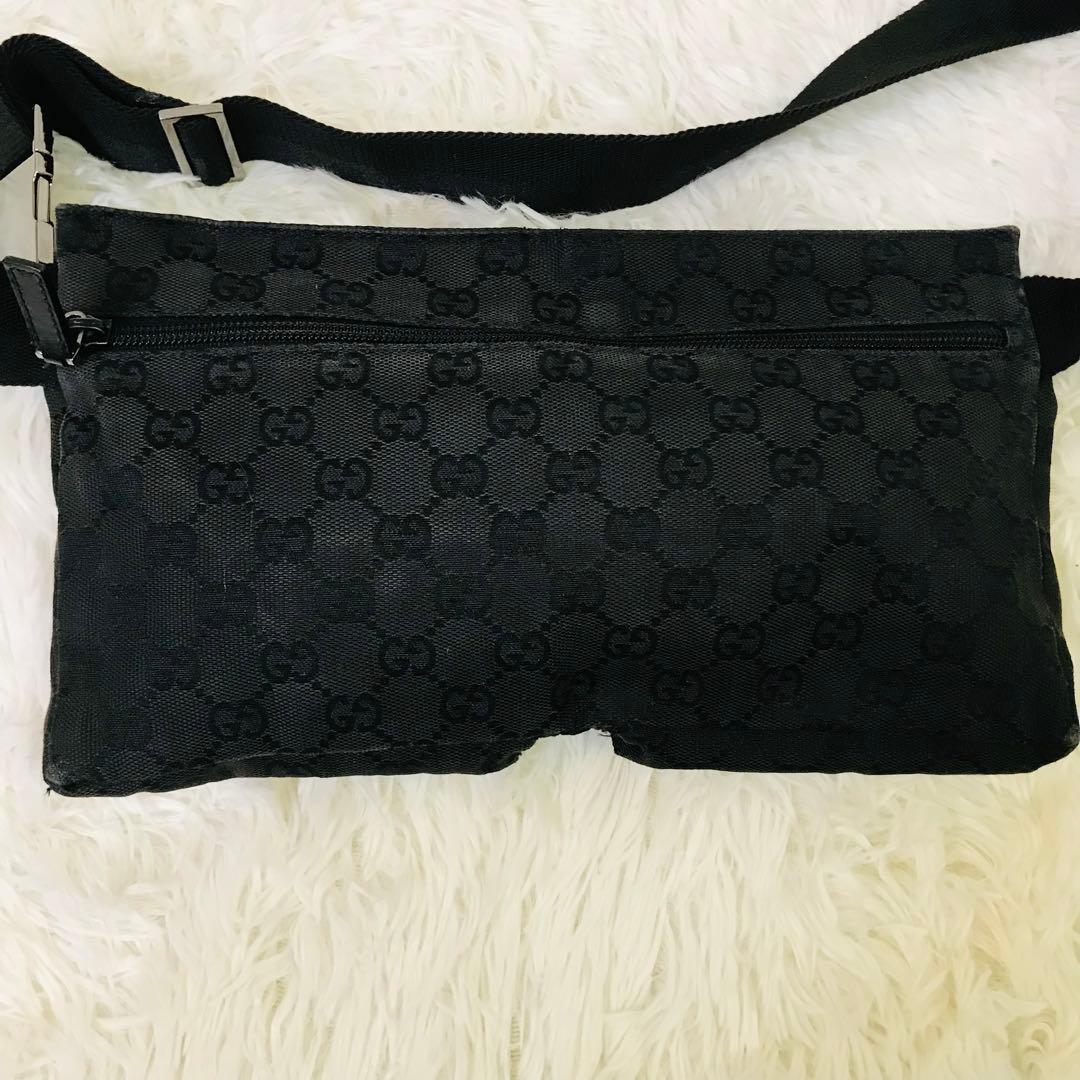 【美品】グッチ ウエストポーチ GG柄 キャンバス ブラック ウエストポーチ