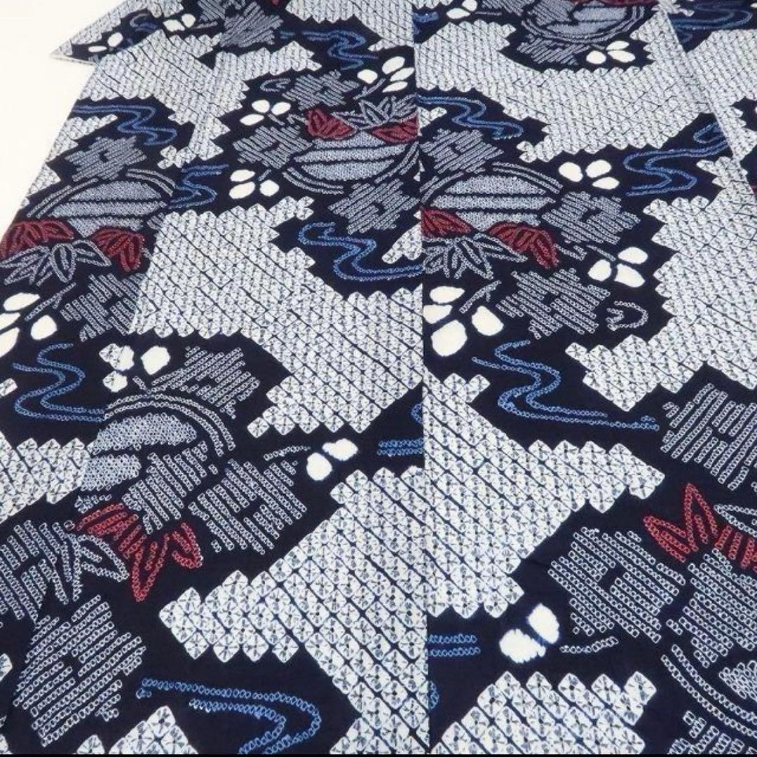 洗える夏着物 綿『ネイビーブルー×葉』トールサイズ 有松鳴海絞り 浴衣