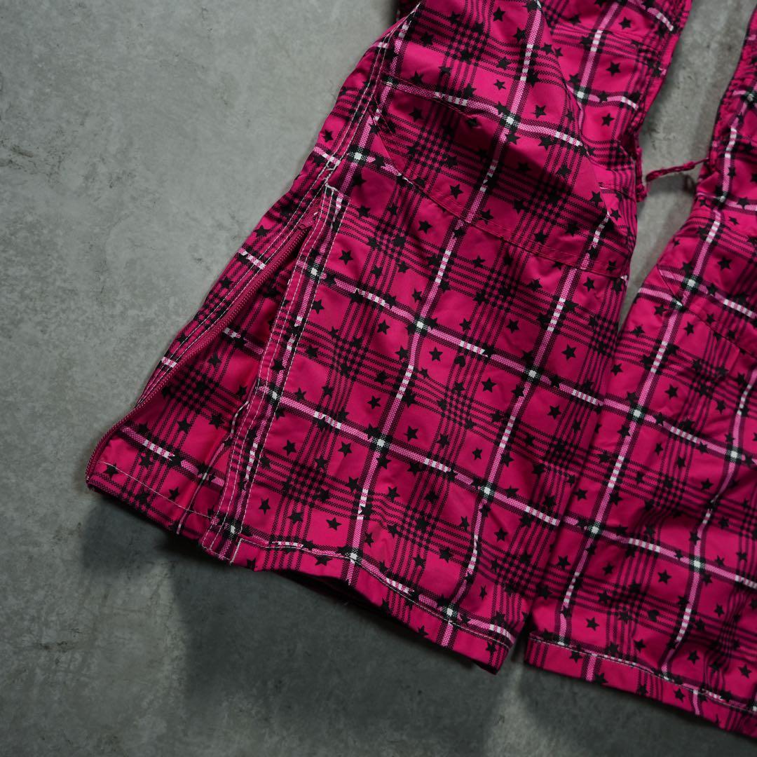 y2k フレア 平成 ショッキングピンク チェック柄 ナイロンカーゴパンツ