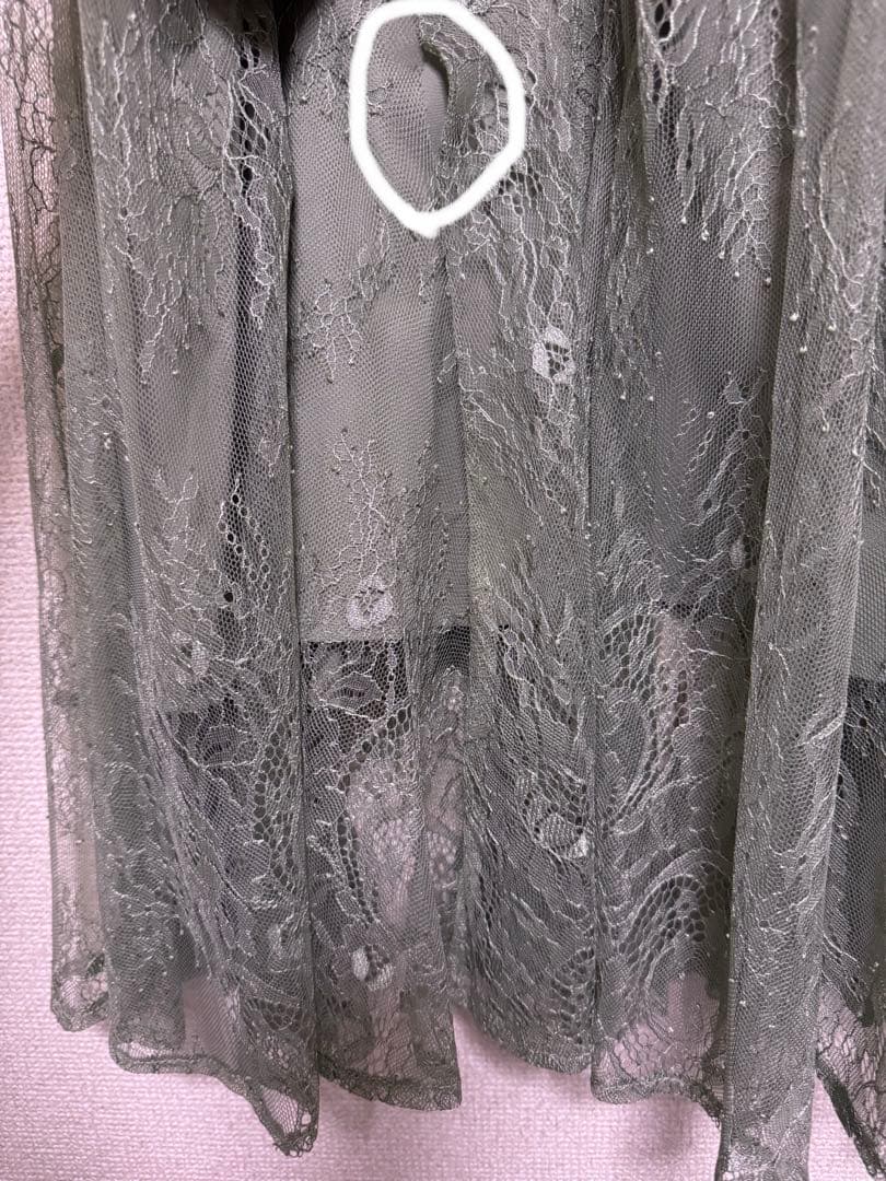 ボレロキャミワンピースレイヤード総レースパーティードレス グリーン　ほつれあり