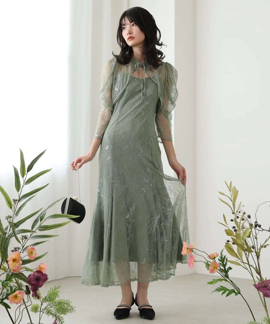 ボレロキャミワンピースレイヤード総レースパーティードレス グリーン　ほつれあり