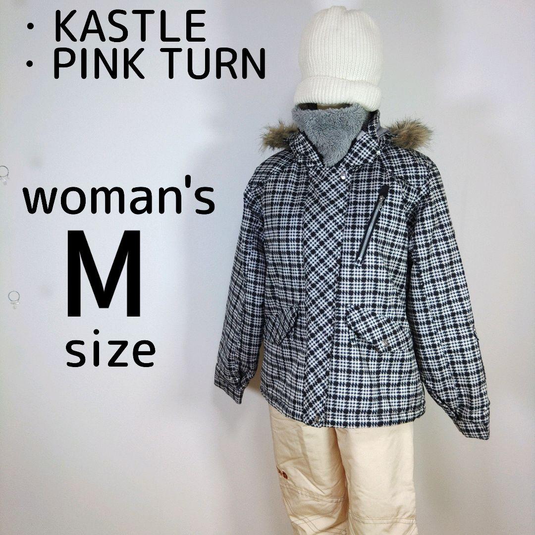 レディース　M　スキー　スノーボードウェア　上下セット　ブラック　チェック柄　白