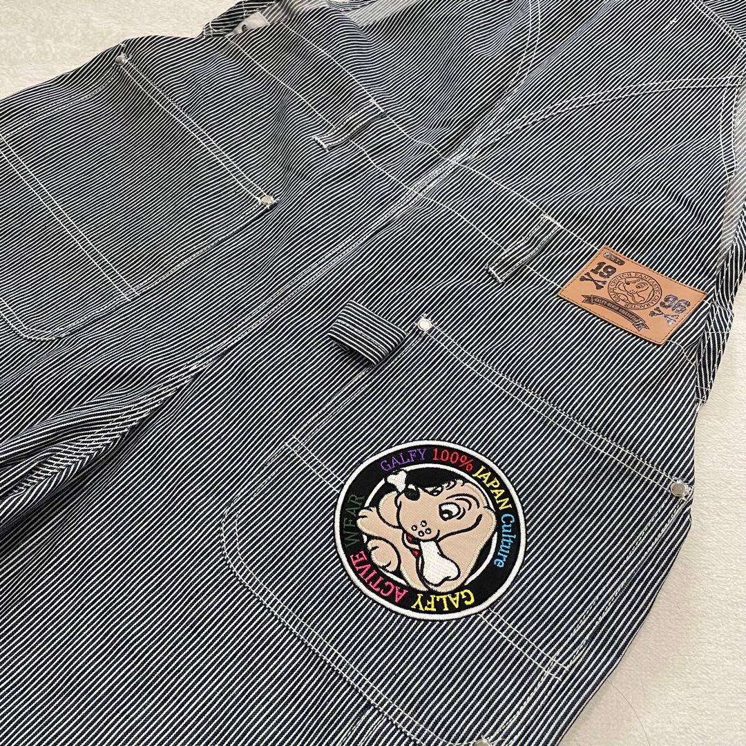 GALFY　石ちゃんオーバーオール　デニム　ワッペン　ストライプ　犬　タグ付き