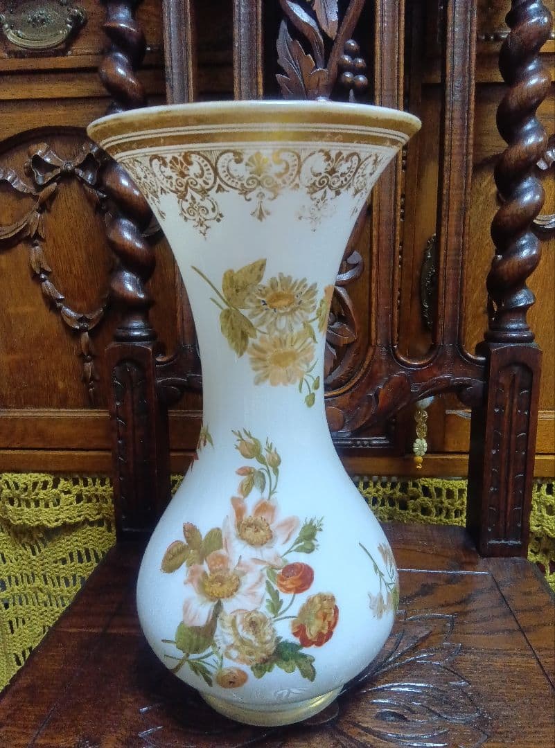 フランスアンティーク花柄フラワーベース　専用木箱付き