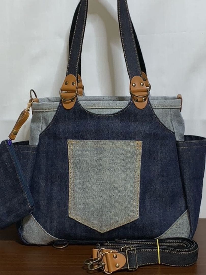 ☆ハンドメイド♪ ＊Mサイズ☆岡山デニム4way♪あおりバッグ☆ポーチ付き