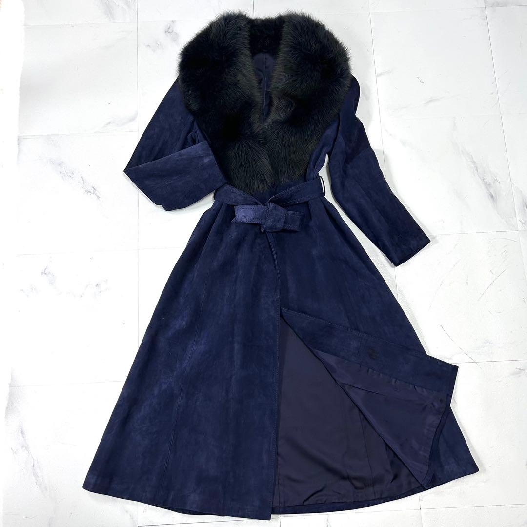 高級 染め フォックスファー ネイビー スエード ロングコート レディース