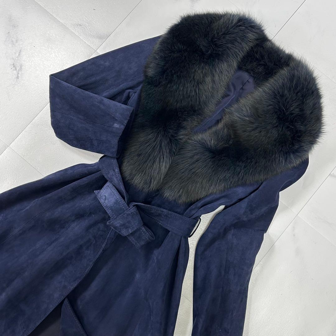 高級 染め フォックスファー ネイビー スエード ロングコート レディース