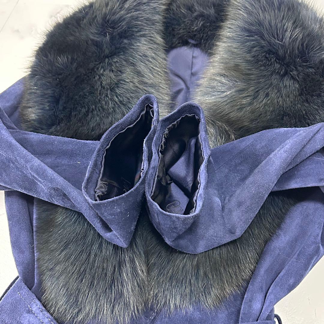 高級 染め フォックスファー ネイビー スエード ロングコート レディース