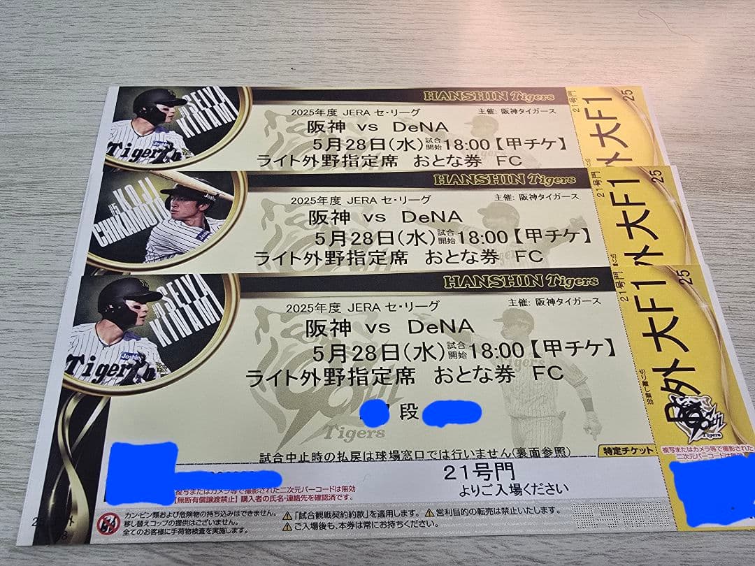 阪神 vs DeNA チケット 2025年5月28日(水)　子園　大人3枚ライト