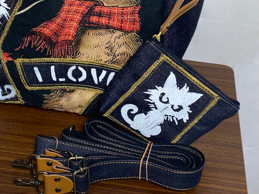 ☆岡山デニム☆ステンシル☆トラネコ☆☆4wayボストンバッグ